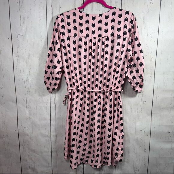 Mimi Chica Womens Cat Print Button Down Pink Black V Neck Belted Mini Dress - Picture 14 of 16